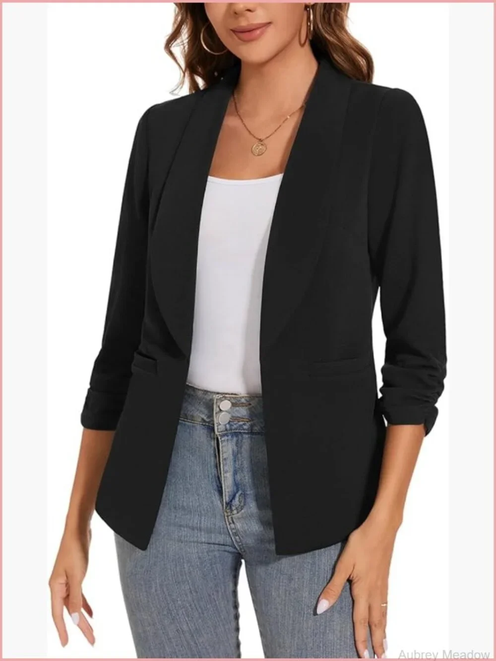 Women Casual Shawl Lapel Ruched 3/4 Sleeve Open Front Blazer Jacket